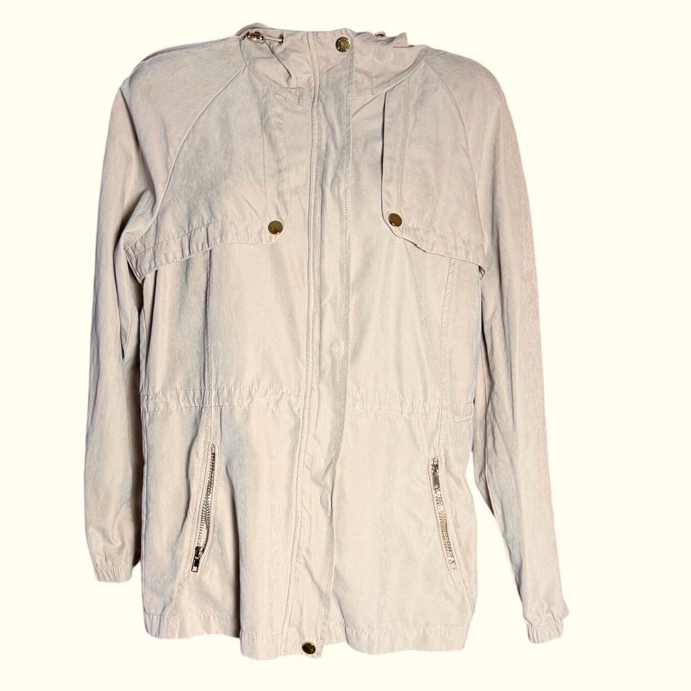 Cavalini Original Mauve Tan Utility Anorak Jacket Hood Drawstring Waist M Sueded